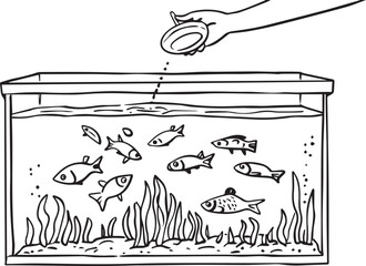 a simple line drawing of an aquarium with fish inside, with a hand above pouring food into it. the background is white, and the lines are blac