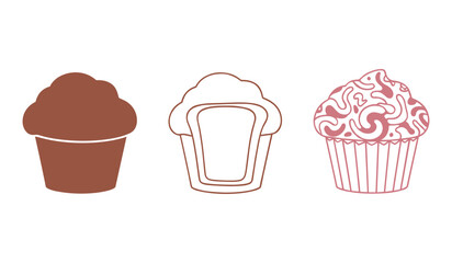 A set of three stylized cupcakes in shades of brown and pink on a white background muffin sweet