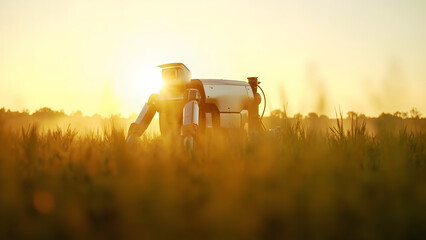 Ultra-realistic 8K photograph of a field robot harvesting crops under morning sunlight. Ample sky area provides copyspace, emphasizing clean eco-robotic agriculture, automation, and sustainable farmin