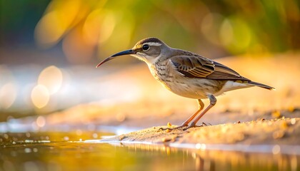 A small bird with a long, curved beak stands on the edge of a body of water. The sun provides a golden hue