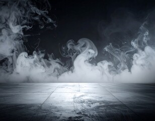 A dramatic, mysterious scene with dense, swirling vapor emanating from a rough, tiled surface, ascending into a dark background