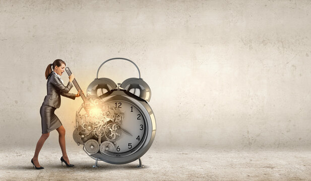 Businesswoman repairs glowing clock gears, symbolizing time management, effort, and control over productivity.