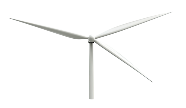 Turbine Three curved white blades on pole, generating wind energy