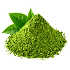 Heap of fine, bright green powder with three vibrant green leaves