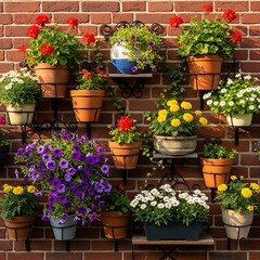 Wall of Flowers - A Vibrant Display of Potted Plants.