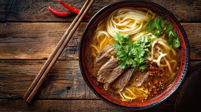 A steaming bowl of Lanzhou beef noodles with hand-pulled noodles, thin beef slices, clear golden broth, white radish, chili oil, and fresh cilantro.