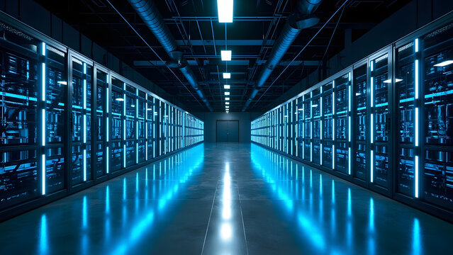 Realistic 8K image of a high-tech data center featuring rows of servers illuminated by glowing blue lights. Sharp focus with subtle reflections on the polished floor, neutral lighting, and a clear cop