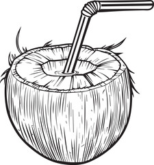 coconut drink with a straw, a simple line art coloring page for kids