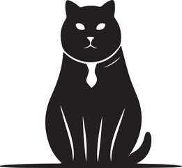 Obraz premium Black silhouette of a seated cat wearing a tie on a white background feline animal also transparent background