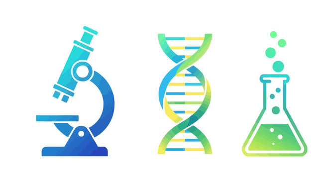 A set of colorful science icons including a microscope, DNA helix, and a bubbling chemical flask.