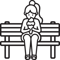 minimalist line logo of a girl sitting on a bench, eating an ice cream cone. vector illustration, flat design, white background