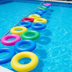 Colorful Inflatable Rings Floating in a Swimming Pool.