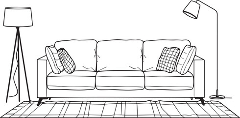 simple line drawing of a scandinavian-style sofa, carpet, and floor lamp in a living room, vector illustration, simple lines, no shading