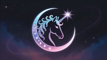 Naklejka premium Unicorn Silhouette on Crescent Moon with Starry Night Sky.