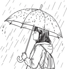 simple line drawing of a woman holding an umbrella in the rain, a coloring page for kids with crisp lines and a white background