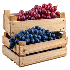 Two wooden crates stacked, one with red grapes, the other with blue grapes