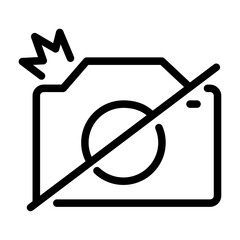 Outline icon of camera with flash crossed out, indicating flash photography restriction.