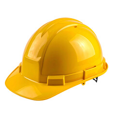 A shiny yellow construction helmet against a black background, slightly angled