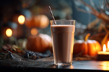 Protein cocktail on a dark Halloween-themed background. Sports background for Halloween.