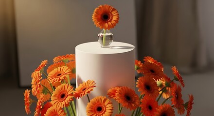 Elegant White Cake Adorned with Vibrant Orange Gerbera Daisies.
