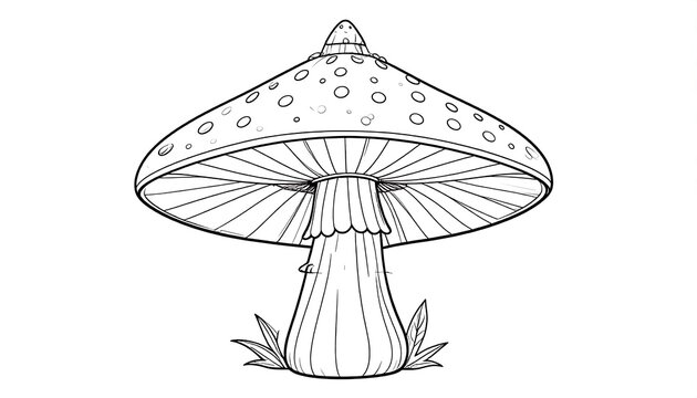 A detailed monochrome drawing of a stylized mushroom, with a large cap and textured stem, against a white background