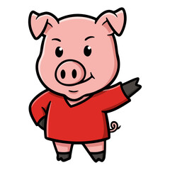 Confident cartoon pig character in a red shirt pointing