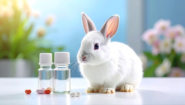 A fluffy white rabbit sits beside pill bottles and scattered medication, captured in soft, natural lighting with a background of blooming flowers