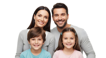 Fototapeta premium Happy family of four with smiling parents and children posing together in a studio setting