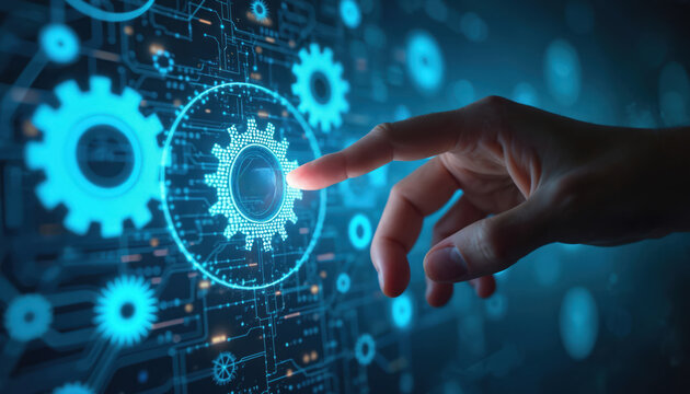 Hand interacts with digital gear icon on tech interface. Photo relates to software updates system improvements and digital transformation. Concept illustrates tech innovation progress and computing.
