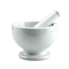 A shiny white mortar and pestle sit on a black backdrop, ready for grinding