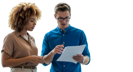 Man and woman collaborating while reviewing document together in a professional setting