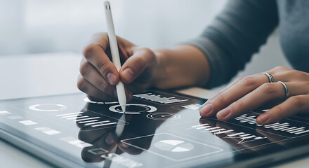 Close-up of person using stylus on tablet with virtual graphs and charts, symbolizing analytics, technology, and modern business intelligence &mdash; ideal for finance, IT, or innovation visuals.