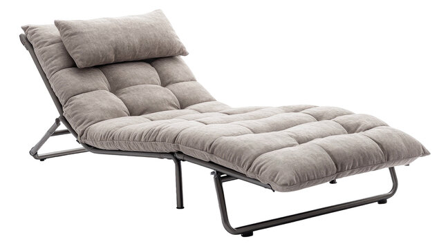 Cushioned chaise lounge with metal frame, reclined with pillow