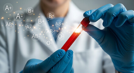 Advanced conceptual medical visualization Scientist analyzes blood sample with glowing vial and abstract diagnostic data