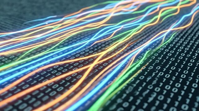 Dynamic Digital Data Flow: Vibrant Glowing Lines Traversing Binary Code Background