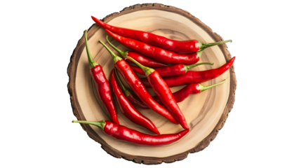 Spicy red chili peppers on rustic wooden dish for culinary inspiration