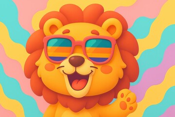 Fototapeta premium Smiling lion mascot wearing rainbow striped sunglasses on a bright wavy background