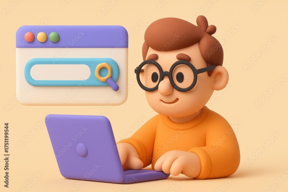 Wall mural cute 3d character wearing glasses working on a laptop computer with a floating search bar interface 