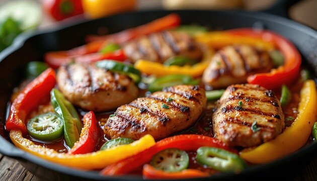 Grilled chicken pieces, colorful bell peppers sizzle in black cast iron pan. Delicious fajita meal red, yellow, green veggies. Sliced jalapeno adds flavor to healthy Mexican cookery dish. Fresh