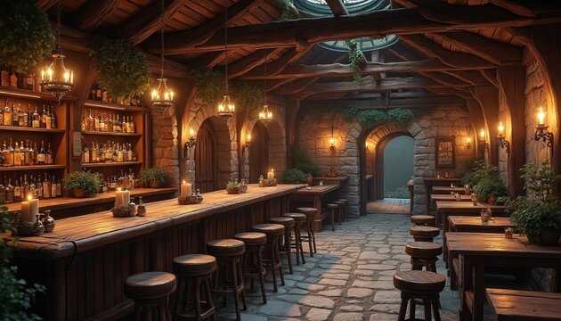Medieval style tavern with stone walls, wood beams, and warm candlelight creates cozy atmosphere. Bar, stools, tables, and many bottles fill room for a fantasy pub setting, old world charm interior.