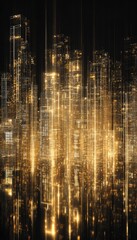 Abstract night cityscape with illuminated buildings and vertical lines