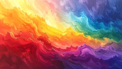 A colorful abstract display, swirling waves of vibrant rainbow hues flow across a canvas creating a dynamic and inviting scene