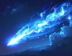 Blue and White Shooting Star with Plasma Trail, Celestial Meteor Effect, PNG Isolated