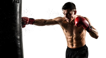 A shirtless male boxer in red gloves punching a heavy bag with intense focus and sweat dripping