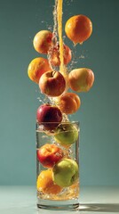 Apples and oranges falling into a glass of water with a liquid stream