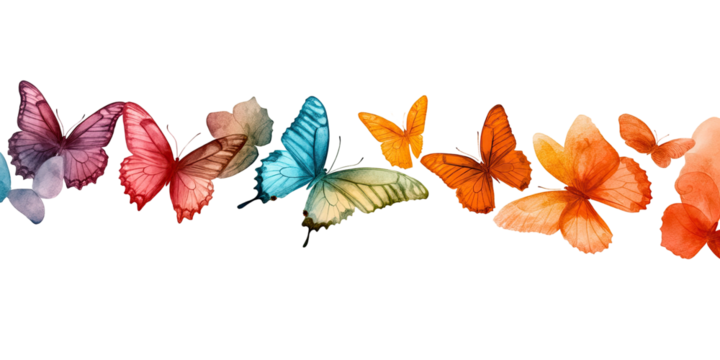 Watercolor butterflies, rainbow gradient, in a row on black background