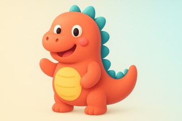 Obraz premium Adorable orange cartoon dinosaur character with blue spikes waving hello on a soft gradient background