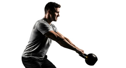 Man swinging a kettlebell with intense focus and determination during a workout session.