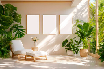 Set of three vertical placeholder frames on modern living room wall