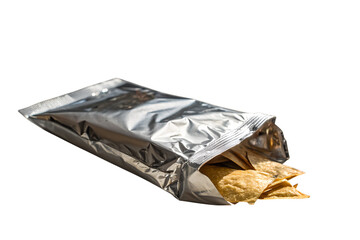 Open silver foil bag filled with potato chips spilling out onto a dark surface isolated on transparent background